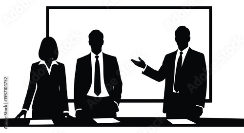 A silhouetted image depicting three business professionals at a conference or news panel discussion high quality
