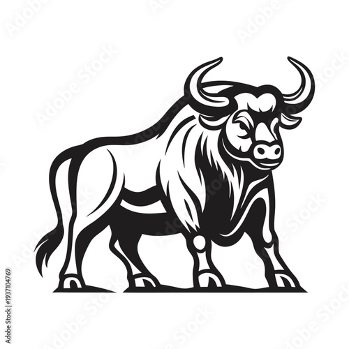 A strong stylized bull stands boldly, showcasing powerful musculature in a stark black and white tone