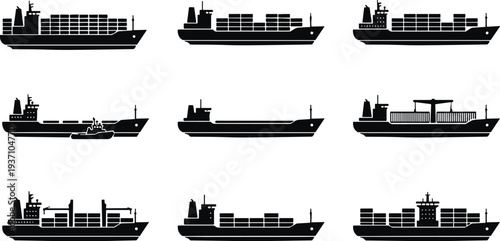 cargo ship silhouette vector set, container shipping vessels collection, maritime freight transport illustration, cargo tanker and logistics ships, isolated black sea transport icons