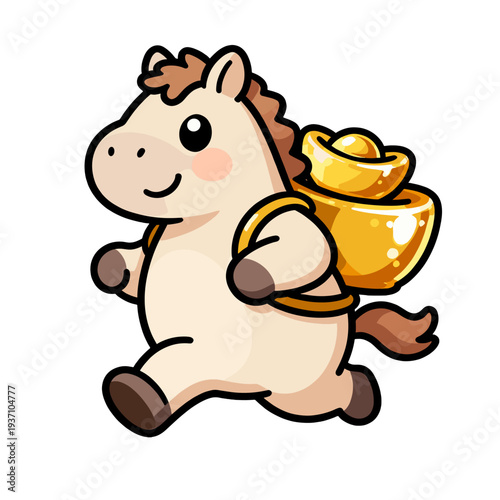 [Vector EPS]Cute cartoon horse carrying gold ingot running forward