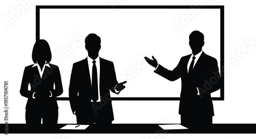 A black silhouette depicts three business professionals presenting in front of a large screen high quality
