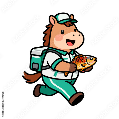 [Vector EPS]Cartoon horse character carrying a fish running fast