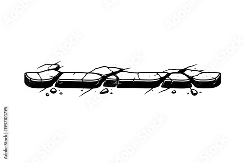 Dynamic Black & White Vector Illustration of Cracked Earth or Broken Stone Path with Grungy Debris, Perfect for Game Assets, Comic Book Backgrounds, or Destructive UI Elements, Highlighting Ruin and R