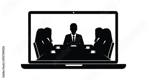 A black silhouette depicts a business meeting displayed on a laptop screen high quality professional detailed