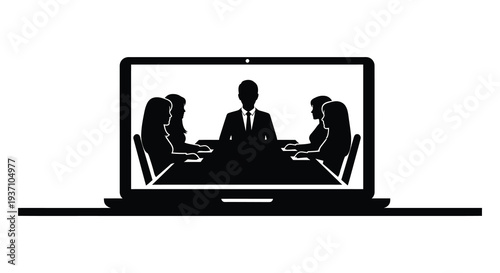 A black silhouette of a business meeting displayed on a laptop screen symbolizing virtual communication