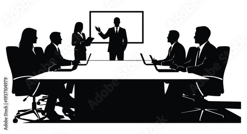A silhouetted business meeting in progress with a presenter and attentive colleagues high quality professional detailed
