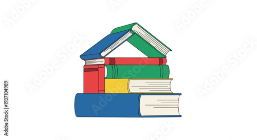 Stack of books forming a house shape, suitable for knowledge foundation concepts, education growth themes, learning platforms and academic branding.
