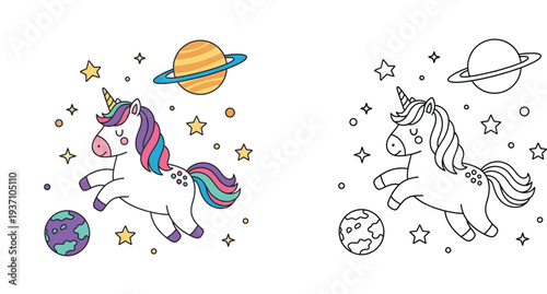 Cute Cartoon Unicorn Flying in Space with Planets and Stars