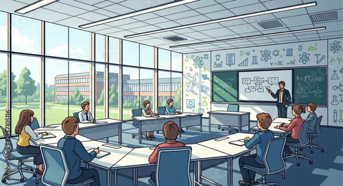 Modern Classroom with Students and Teacher Teaching.