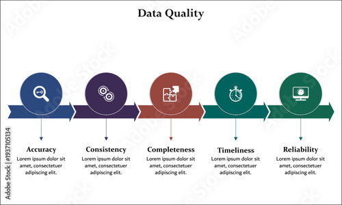 Five aspects of data quality. Infographic template with icons and description placeholder