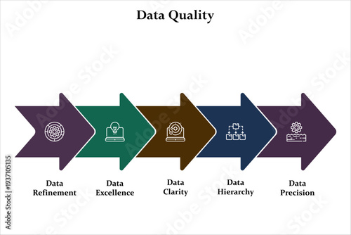 Five aspects of data quality. Infographic template with icons and description placeholder
