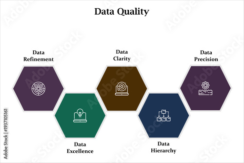 Five aspects of data quality. Infographic template with icons and description placeholder