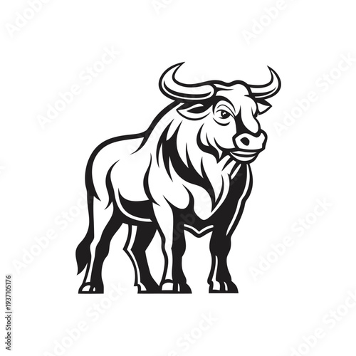 A formidable bull gazes forward, rendered in stark black and white artwork