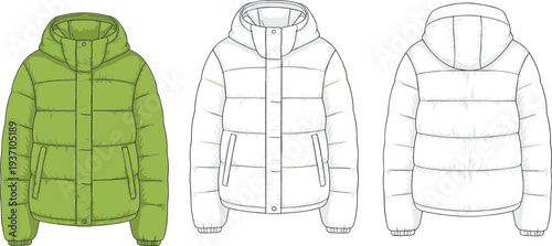 Three puffer jackets in green white and gray with hoods and pockets shown from front and back green jacket