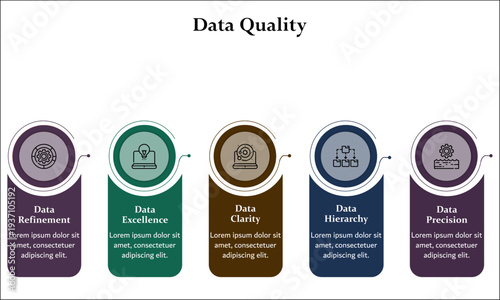 Five aspects of data quality. Infographic template with icons and description placeholder