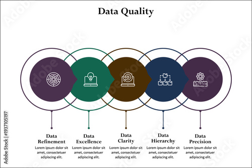 Five aspects of data quality. Infographic template with icons and description placeholder
