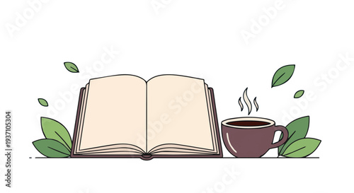 Cozy reading concept with open book, coffee cup and leaves, suitable for relaxation themes, book blogs, lifestyle content, reading campaigns and education media.
