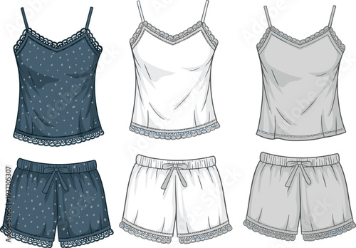 Three sets of women's sleepwear with lace trim and polka dot patterns in blue and white women's clothing
