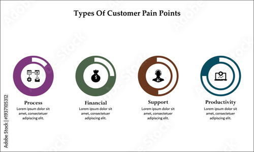 Four types of customer pain points - Process, financial, support, productivity. Infographic template with icons and description placeholder