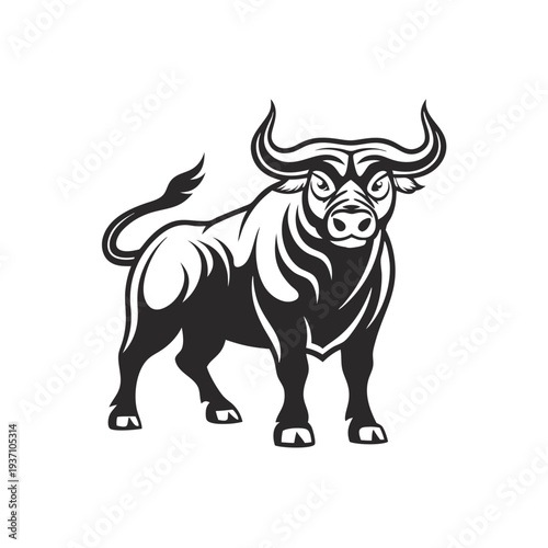 Strong bull stands boldly with powerful musculature, creating an impressive silhouette