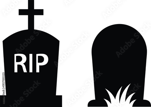 Black tombstone silhouettes with RIP cross and rounded grave marker, cemetery memorial symbol set, death funeral concept, isolated vector illustration, minimal flat design