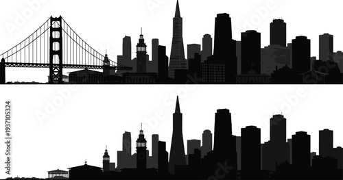 Black silhouette collection of San Francisco skyline featuring Golden Gate Bridge and Transamerica Pyramid isolated on white background for California travel and urban design