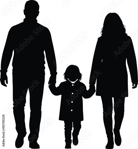 Full length silhouette of a happy family with father mother and child walking together holding hands on white background.