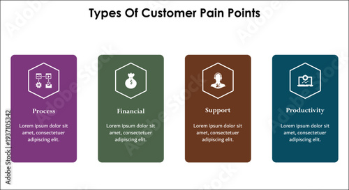 Four types of customer pain points - Process, financial, support, productivity. Infographic template with icons and description placeholder