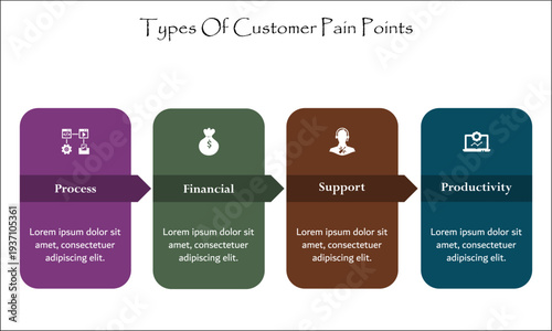 Four types of customer pain points - Process, financial, support, productivity. Infographic template with icons and description placeholder