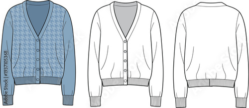 Three views of a blue and white patterned cardigan with buttons and ribbed cuffs and hem