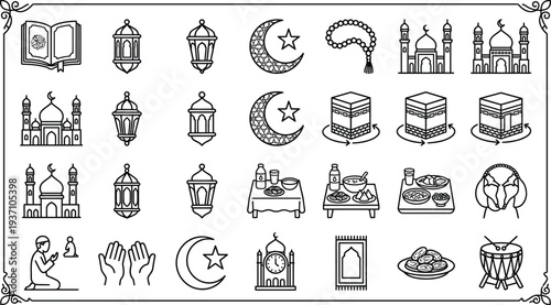Ramadan Islamic line art icon set with quran lantern, crescent moon, prayer beads, mosque kaaba iftar food, and traditional muslim symbols vector collection 