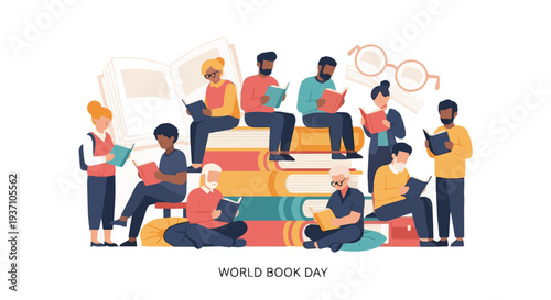 Group of people reading together at book event, suitable for literacy festivals, community education programs, reading campaigns and library activities