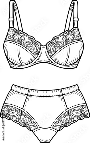 Elegant women lace lingerie set hand drawn vector illustration, floral lace bra and panties underwear fashion sketch, female intimate apparel line art isolated