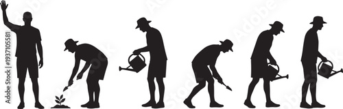 Gardening process silhouette sequence, man planting small seedling, watering plant with can, growing stages, farmer caring nature, black vector illustration set