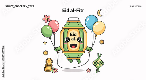 Eid Al fitr Celebration with Cute Ramadan Lantern Mascot Jumping Rope