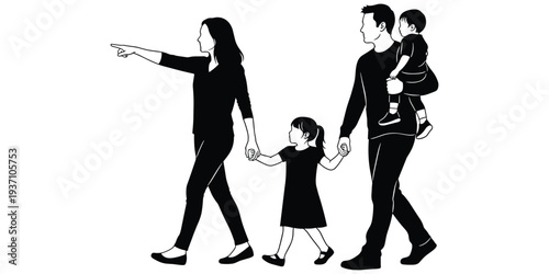 Black silhouette illustration of family walking together with parents, children, toddler, unity, guidance, love, togetherness, flat vector illustration