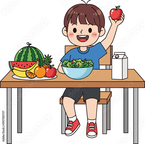 Happy young boy eating healthy meal with fresh fruits watermelon pineapple banana apple salad and milk for nutritious lifestyle