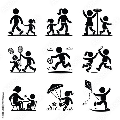 A set of black silhouette illustrations of children playing outdoors