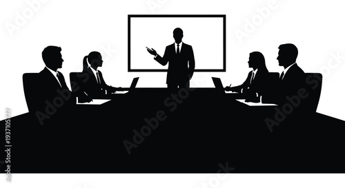 A silhouetted business meeting is in progress with a presenter and attentive colleagues high quality professional