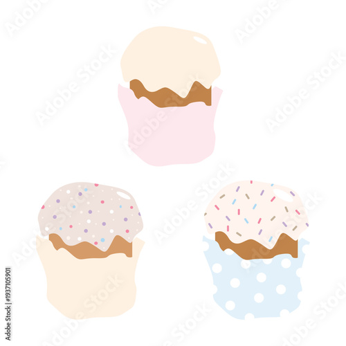Minimalist vector set of three Easter cakes with icing and sprinkles. Cute pastel holiday bakery illustration isolated on light background. Traditional Easter dessert, festive food icon collection.
