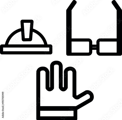 Minimal construction safety line icons set featuring hard hat helmet, safety vest, and work glove