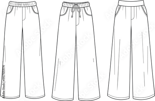Three different styles of wide-legged pants with drawstrings and elastic waists in a minimalist line