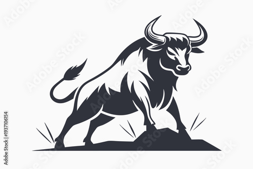 Bold bull strides confidently, showcasing its powerful horns and muscular build in black and white