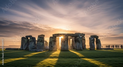 Stonehenge at sunrise with tourists standing on green grass. Ancient monoliths and megalithic stone circle in England. Historic landmark, travel destination, archaeological site, heritage.