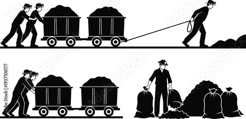 Hardworking miners pushing heavy ore carts and filling sacks representing historical industrial labor coal mining and underground resource extraction