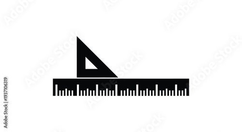 A black triangle set square rests atop a black ruler against a white background high quality