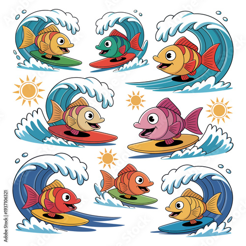 A colorful fish surfing cartoon illustration with waves and sun
