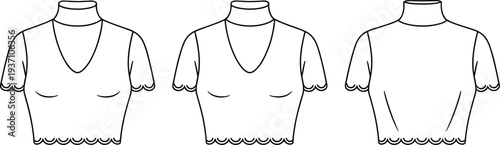 Three White Turtleneck Shirts with Different Neckline Styles and Hem