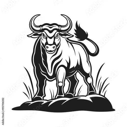 Illustrative art showcases a powerful bull standing firmly with strong, defined features and sharp horns