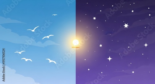 Comparison of day and night sky separated by a sun. Split screen view with flying birds and twinkling stars in clouds. Concept of time cycle, transition, nature balance and duality.